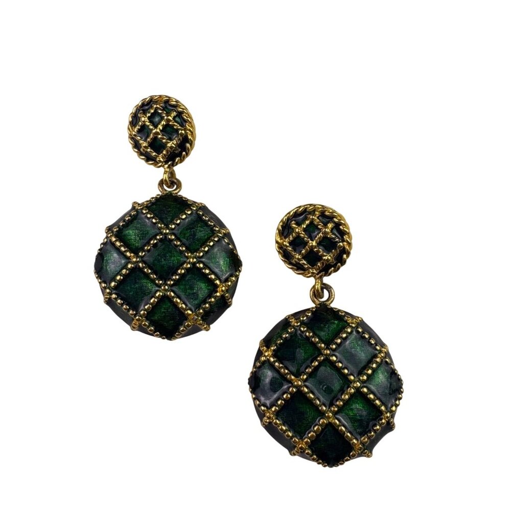 Vintage Unknown Womens Green & Gold Tone Drop Clip-On Earrings Metal